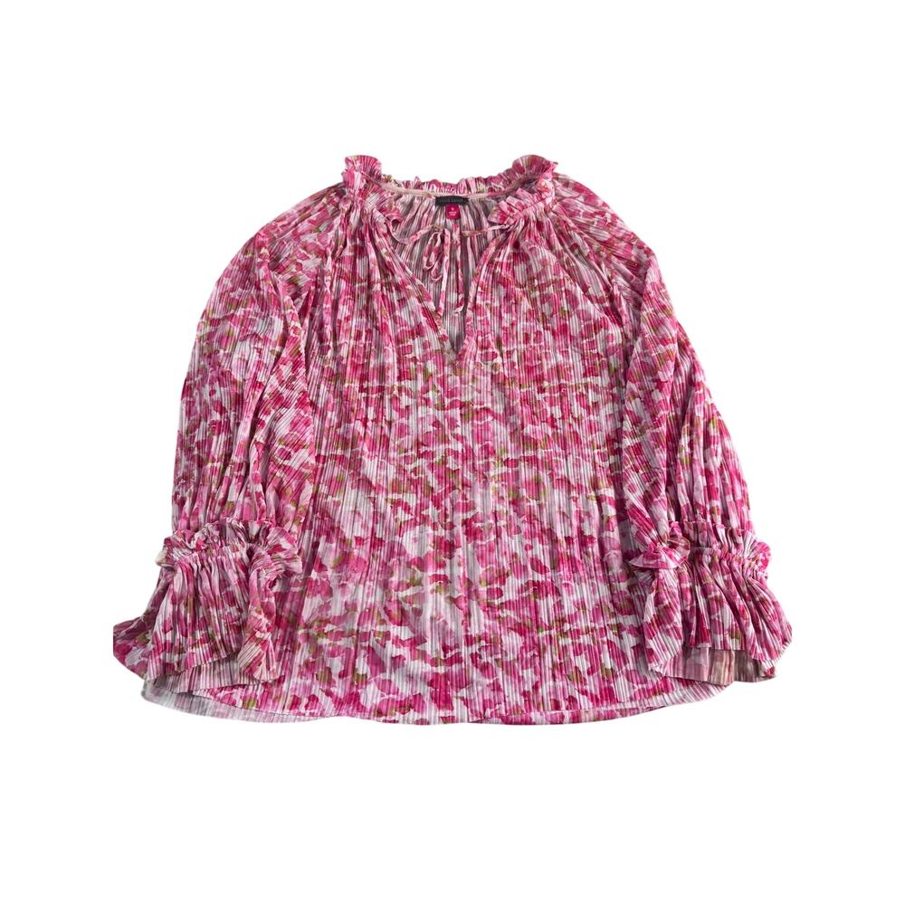 Vince Camuto Blouse 1X Pink Floral Pleated Ruffle Sleeve Tie Neck Plus Size